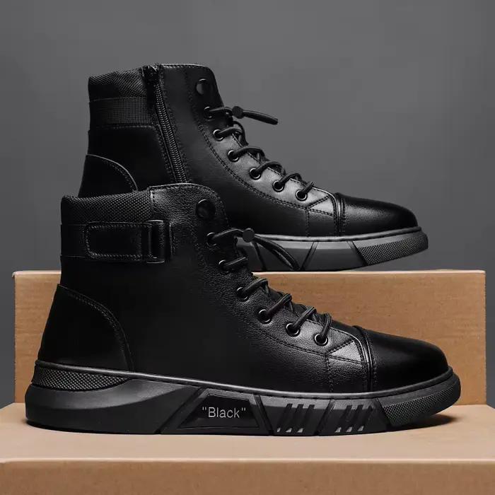 Bottes de rinçage en cuir noir pour hommes, chaussures décontractées d'extérieur, chaussures de trav