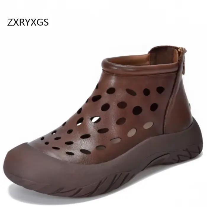 ZXRYXGS Premium bottes creuses en cuir véritable sandales respirantes 2025 Style rétro bottes d'été 