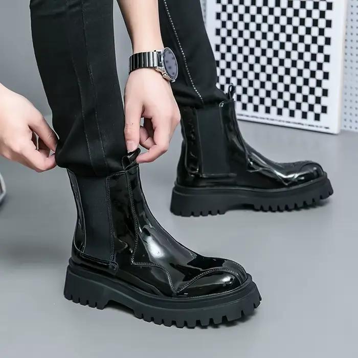 Bottes Chelsea en cuir verni vert foncé pour hommes, panneaux latéraux élastiques, semelle épaisse p