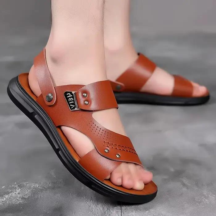 Sandales décontractées à fond souple pour hommes, chaussures de plage en cuir véritable, pantoufles 