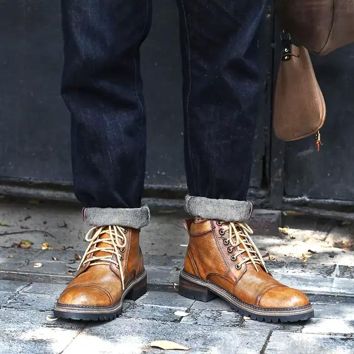 Bottes de combat Goodyear Welt pour hommes, en cuir vieilli britannique vintage à tige haute avec se