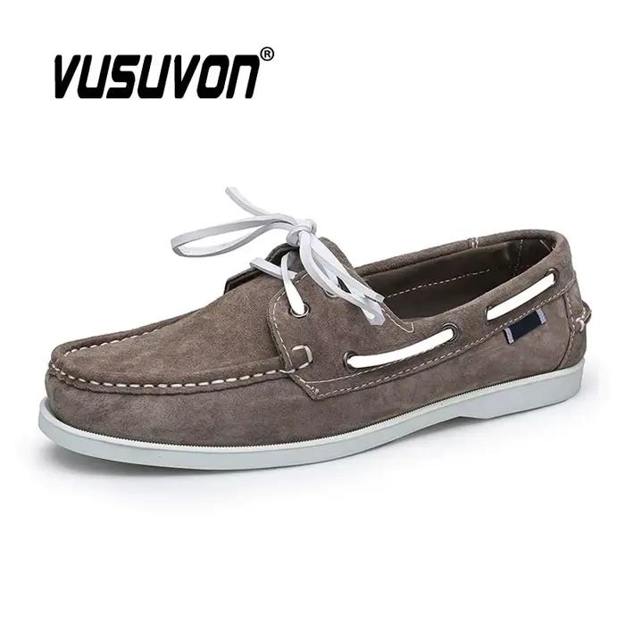 Chaussures bateau pour hommes en cuir véritable et daim de vache, à séchage rapide, à lacets, style 