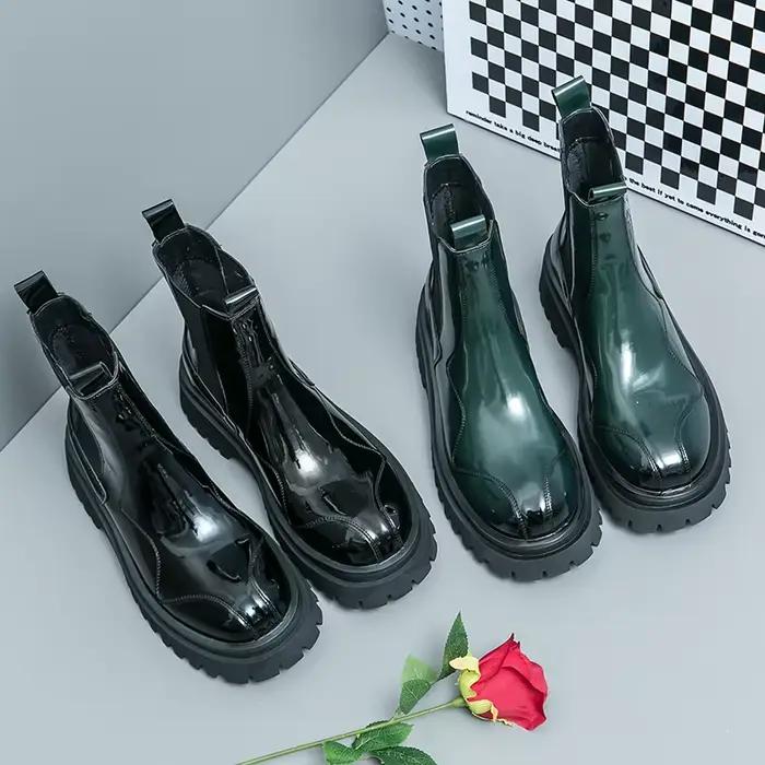 Bottes Chelsea en cuir verni vert foncé pour hommes, panneaux latéraux élastiques, semelle épaisse p