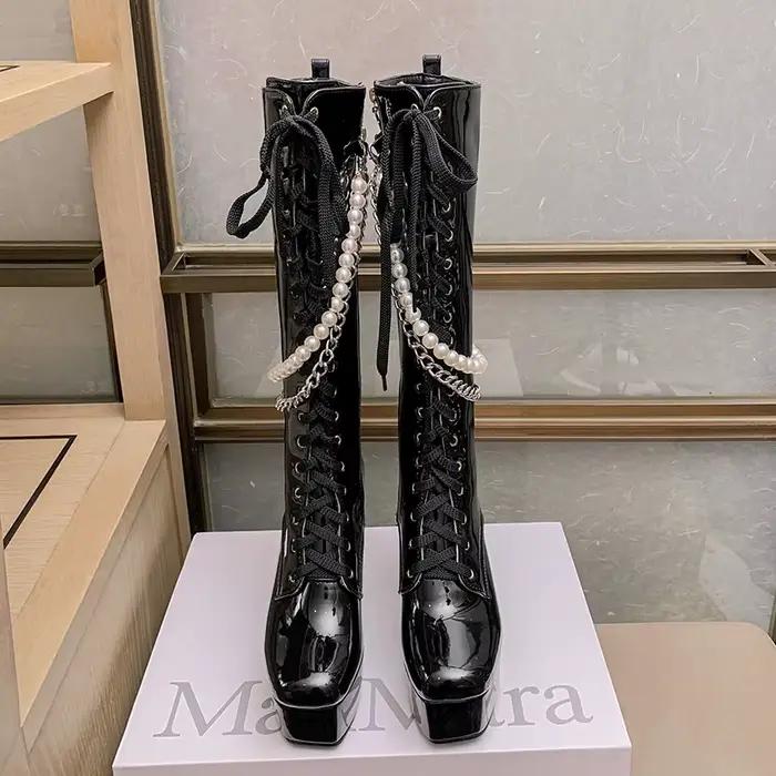 Bottes de moto en cuir verni brillant, Super plate-forme, talon épais, chaîne en métal, chaîne de pe