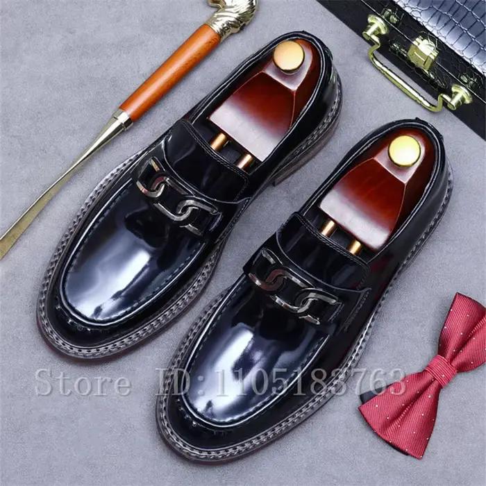 Mocassins pour hommes à bout rond et semelle épaisse, style britannique, en cuir véritable de vachet