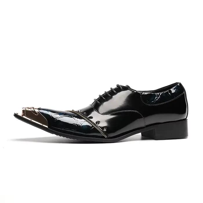 Zapatos-Chaussures provoqué pointues en métal noir pour hommes, Brogues en cuir véritable pour homme