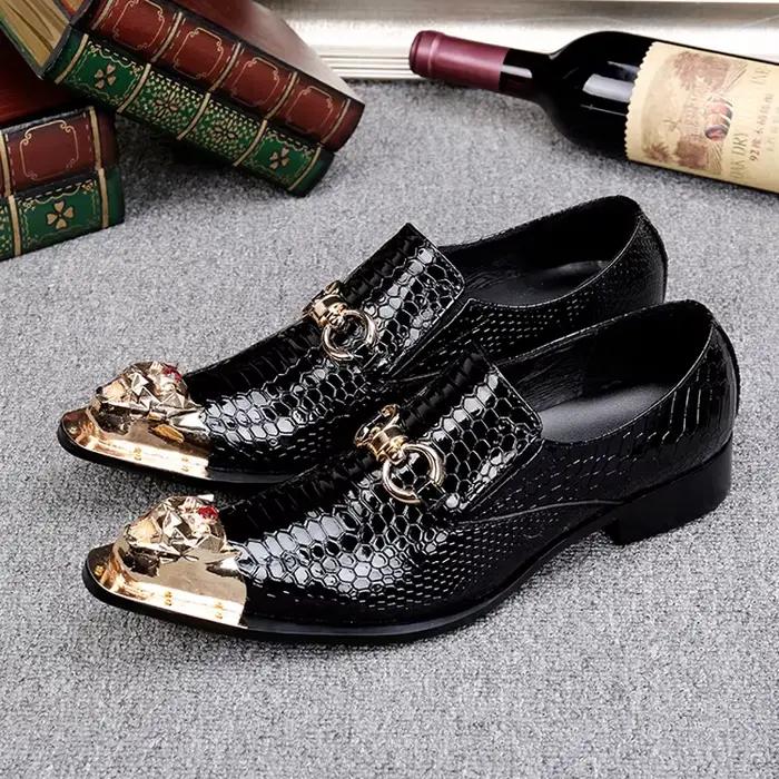 Chaussures en cuir véritable gaufré pour hommes, chaussures pointues tête de dragon, noir, salle, fê