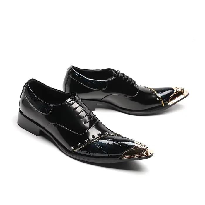 Zapatos-Chaussures provoqué pointues en métal noir pour hommes, Brogues en cuir véritable pour homme