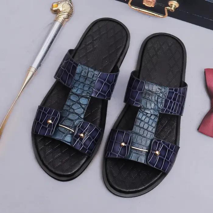 Sandales à lanières en cuir imprimé croco pour hommes, avec dessus en cuir véritable de qualité supé