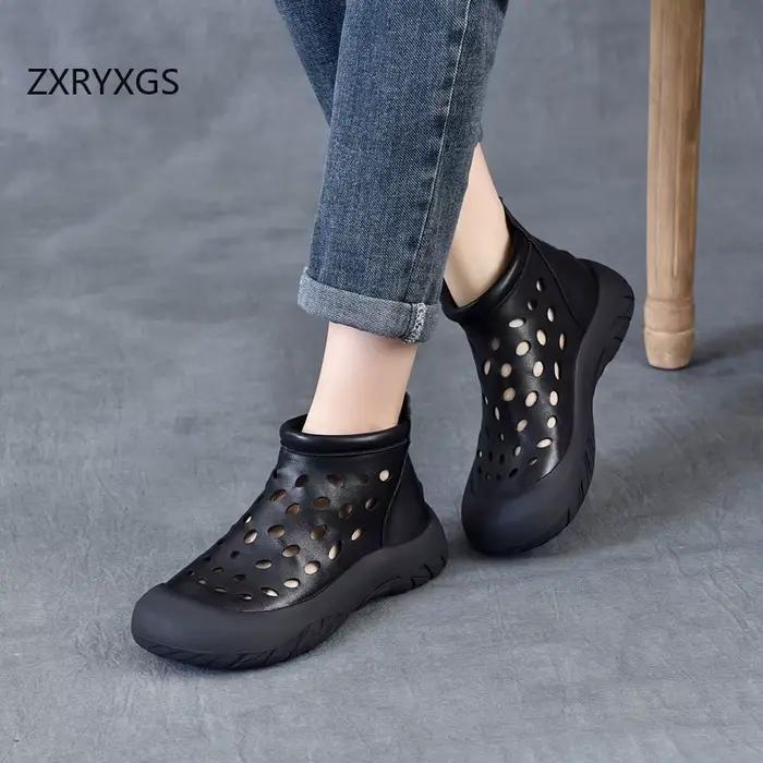 ZXRYXGS Premium bottes creuses en cuir véritable sandales respirantes 2025 Style rétro bottes d'été 