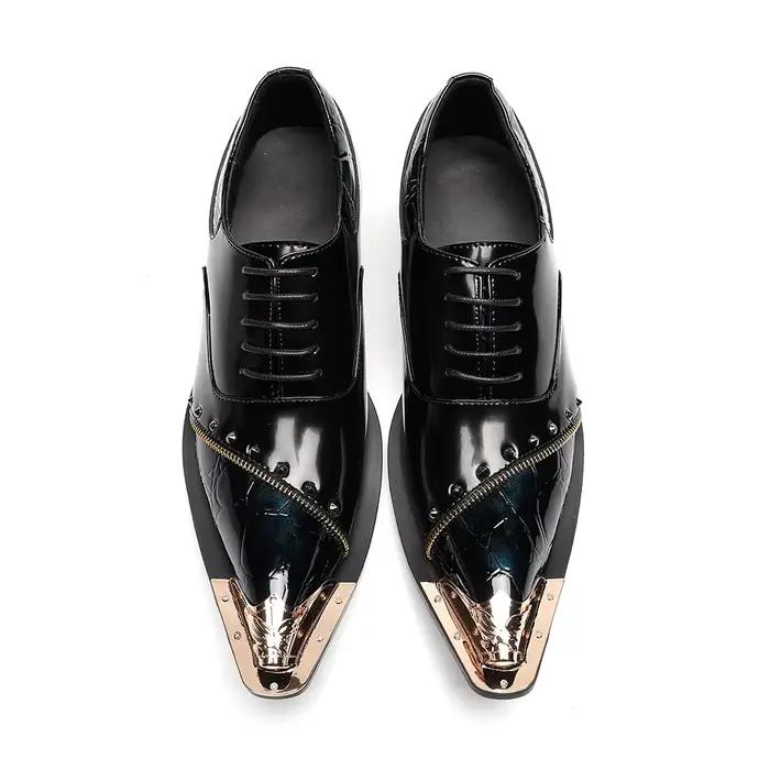 Zapatos-Chaussures provoqué pointues en métal noir pour hommes, Brogues en cuir véritable pour homme