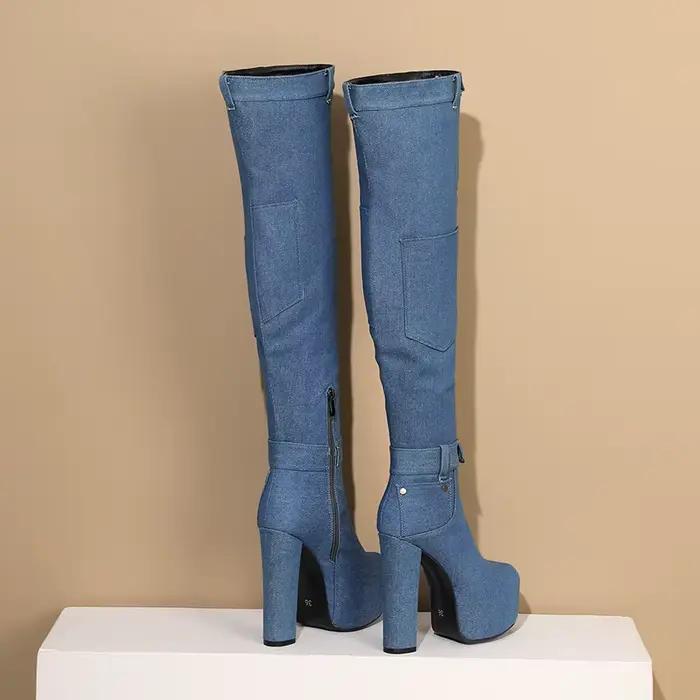 Bottes en denim à plateforme ultra-haute, mini sacs, talons optiques, boucles de rinçage, poignets d