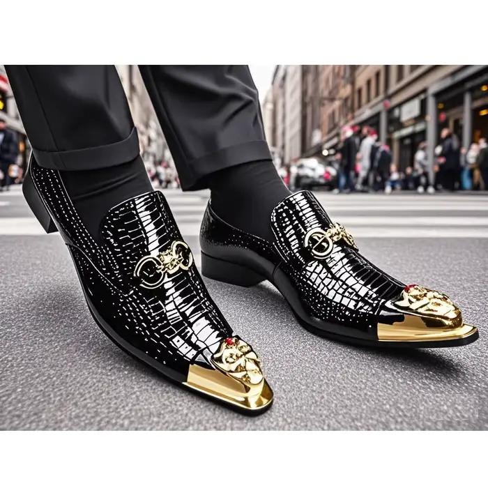 Chaussures en cuir véritable gaufré pour hommes, chaussures pointues tête de dragon, noir, salle, fê