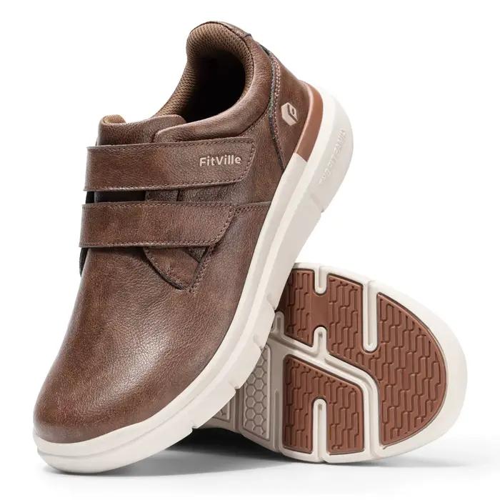 FitVille chaussures en cuir pour hommes chaussures de marche larges hydrofuge sans lacet tenue décon