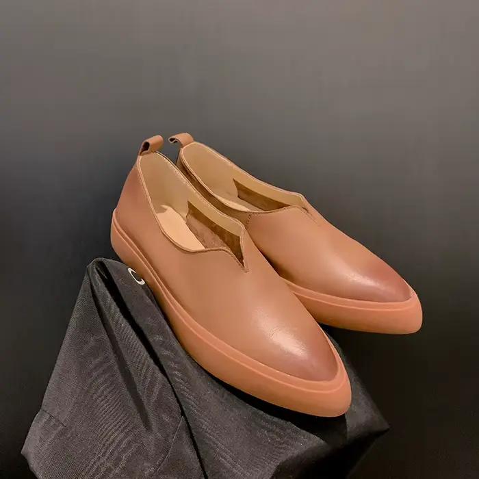 Chaussures plates confortables en cuir véritable de haute qualité, blanches, pointues, légères, pour