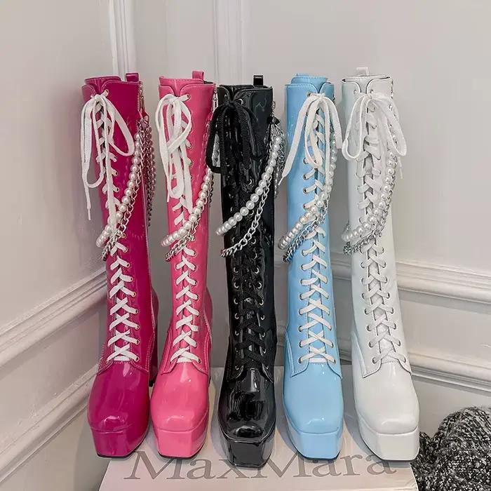 Bottes de moto en cuir verni brillant, Super plate-forme, talon épais, chaîne en métal, chaîne de pe
