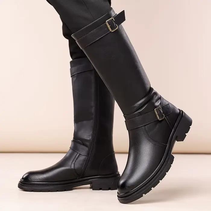 Bottes hautes britanniques en cuir noir pour hommes, bottes de moto de styliste, bottes de travail d