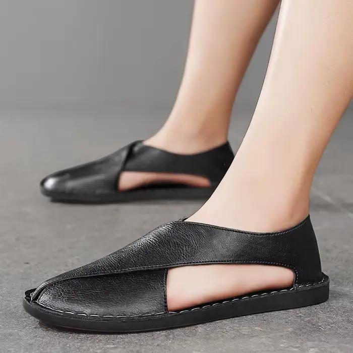 Sandales d'été en cuir véritable pour hommes, chaussures de plage pour jeunes, pantoufles légères et