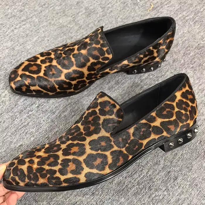 Chaussures en crin de cheval léopard à bout pointu, mocassins à la mode pour hommes