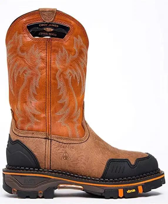 Bottes de cowboy de travail en cuir marron pour hommes, motif brodé, semelle robuste, conception d'o