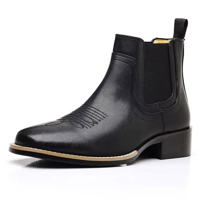 Bottes de Cowboy occidentales brodées rétro pour hommes, bottes Chelsea épaisses à tête carrée basse