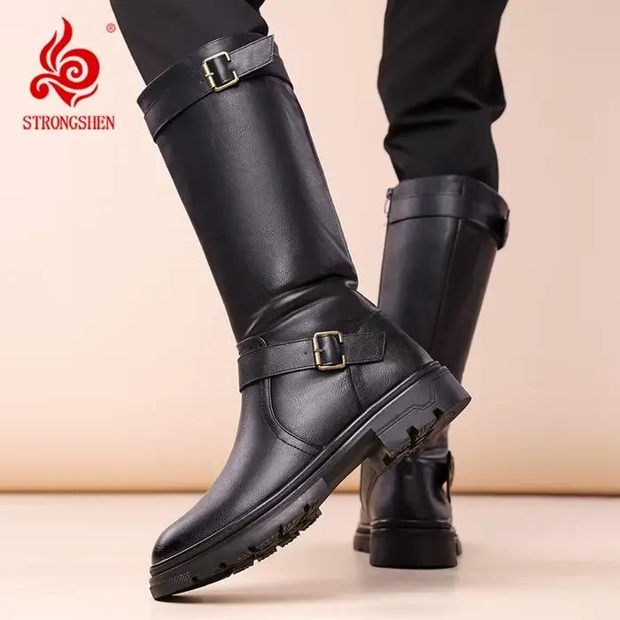Bottes hautes britanniques en cuir noir pour hommes, bottes de moto de styliste, bottes de travail d