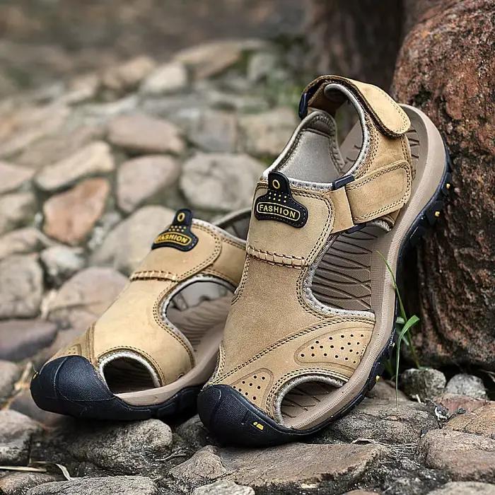 Sandales en cuir véritable pour hommes, chaussures d'extérieur, de plage, grande taille 38-48, panto
