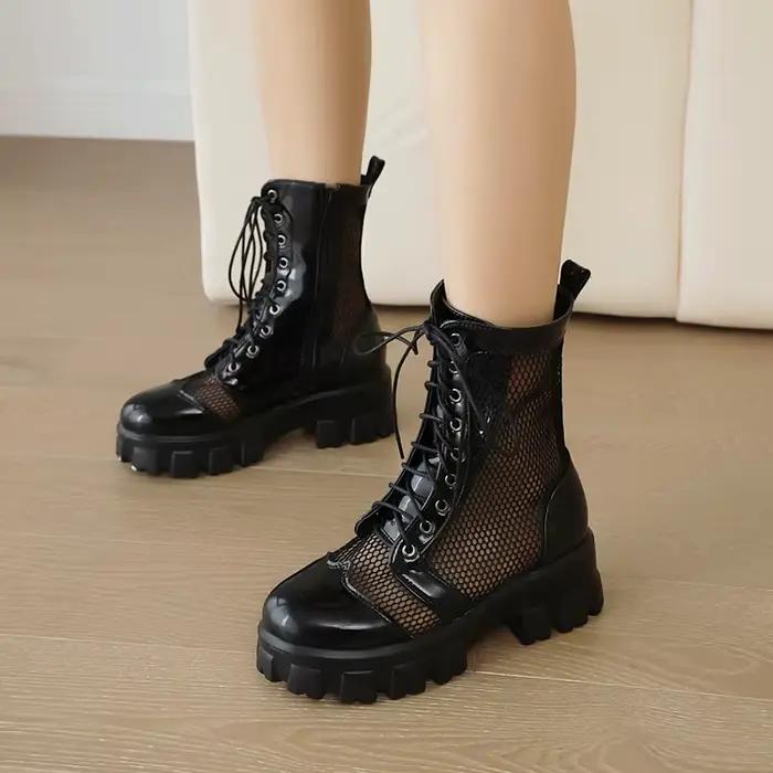 Bottes courtes respirantes à talons plats et semelle épaisse, chaussures hautes en maille avec lacet