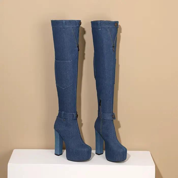 Bottes en denim à plateforme ultra-haute, mini sacs, talons optiques, boucles de rinçage, poignets d