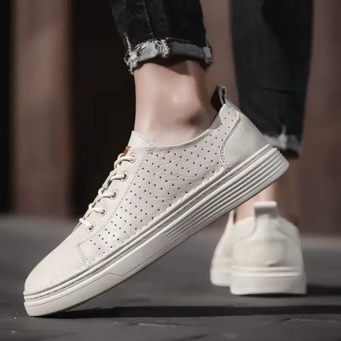 Chaussures d'été respirantes en cuir véritable pour hommes, chaussures de Jogging décontractées blan