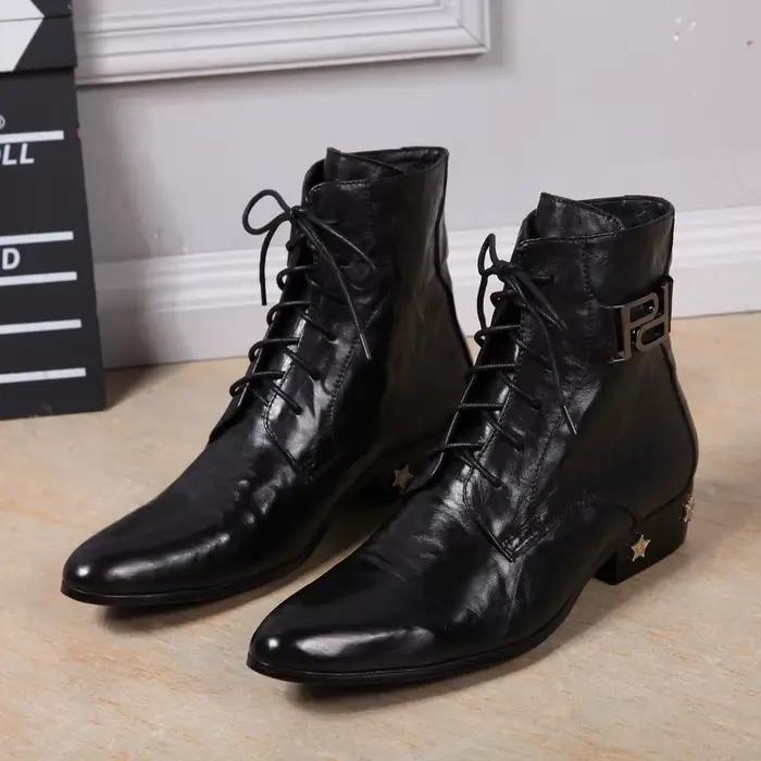 Bottes provoqué pointues en cuir véritable pour hommes, chaussures à rivets, cuir brillant, haute qu