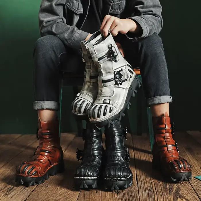 Bottes de moto rétro en cuir véritable pour hommes, mi-mollet, DulHigh Top, Western Riding, Gothic S