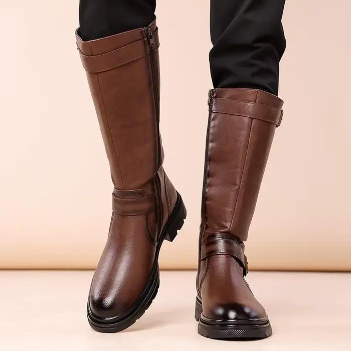 Bottes hautes britanniques en cuir noir pour hommes, bottes de moto de styliste, bottes de travail d