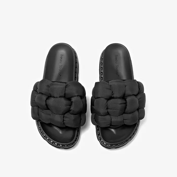 BEAUTODAY-Pantoufles d'Extérieur en Tissu Solide, Chaussures Plates Confortables et Décontractées, F