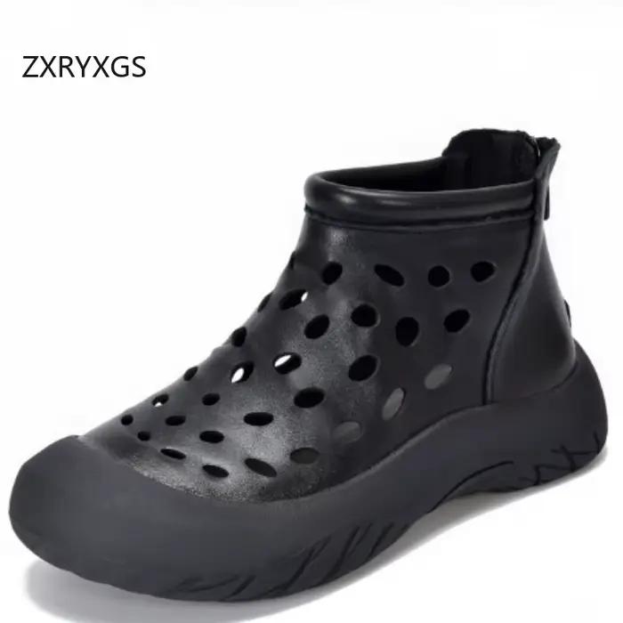 ZXRYXGS Premium bottes creuses en cuir véritable sandales respirantes 2025 Style rétro bottes d'été 