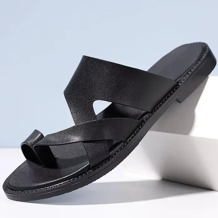Sandales pour hommes, pantoufles en cuir véritable, marque de luxe, chaussures plates décontractées 