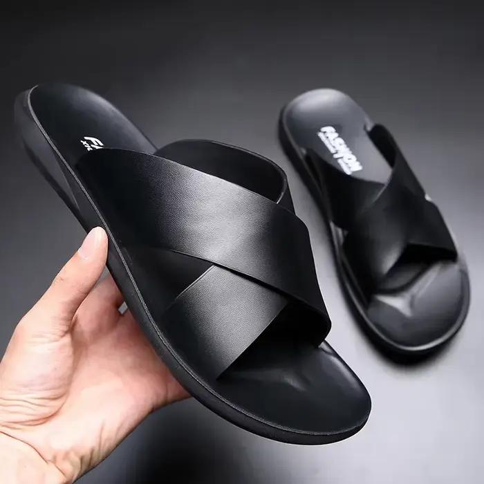 Sandales pour hommes pantoufles en cuir véritable marque de luxe mode chaussures plates pour homme d