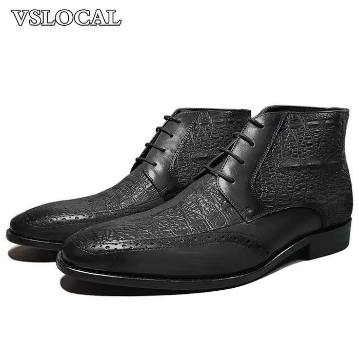 Marque de luxe hommes bottines chaussures noir marron Crocodile imprime à lacets hommes robe bottes 
