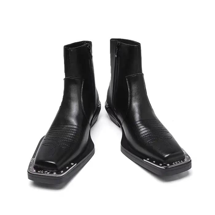 Bottines Chelsea pour hommes, bout carré en PU, talons hauts, fermeture éclair latérale