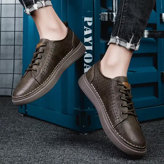 Chaussures d'été respirantes en cuir véritable pour hommes, chaussures de Jogging décontractées blan