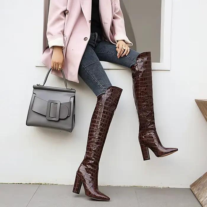 Bottes longues en microcarence à imprimé pierre, bottes au-dessus du genou, Parker pointu, doublure 