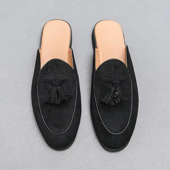 Demi-pantoufles pour hommes, vert, noir, Beige, mocassins décontractés en cuir suédé, glands, sans s