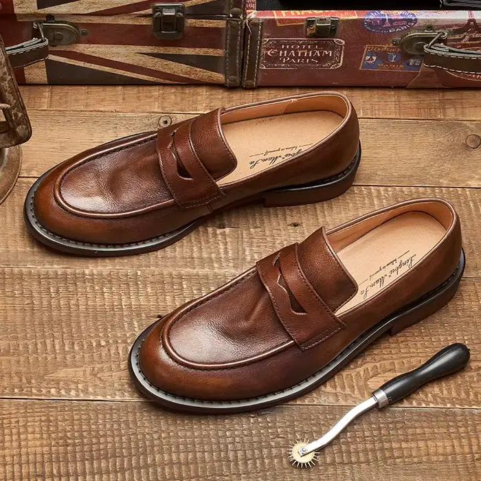 Mocassins britanniques en cuir pour hommes, chaussures de haricot en cuir cirhide, mocassins faits à
