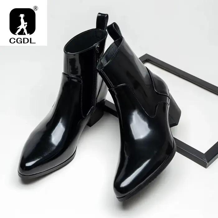 Bottes à plateforme en cuir verni pour hommes avec talons, chaussures chaudes d'hiver de luxe en cui