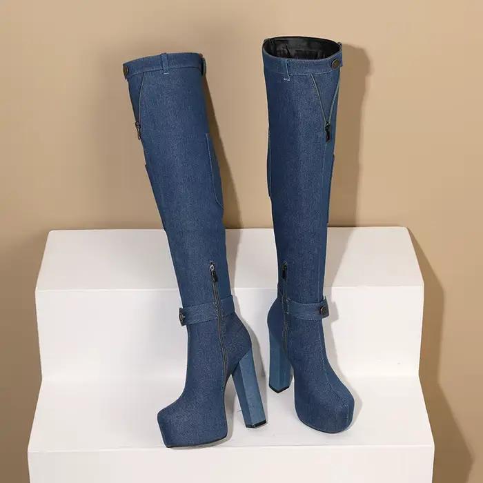 Bottes en denim à plateforme ultra-haute, mini sacs, talons optiques, boucles de rinçage, poignets d