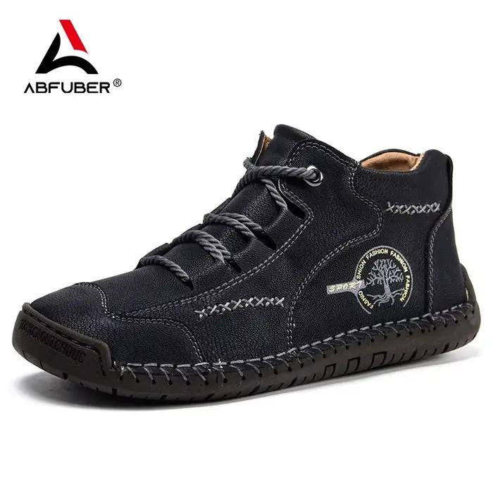 Bottes en cuir cousues à la main pour hommes, chaussures décontractées, automne, cuir verni rétro, b