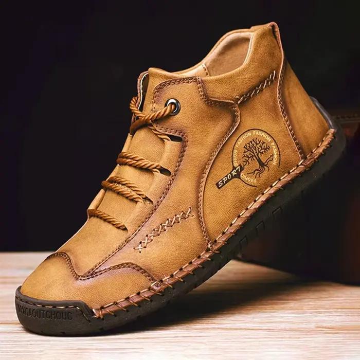 Bottes en cuir cousues à la main pour hommes, chaussures décontractées, automne, cuir verni rétro, b
