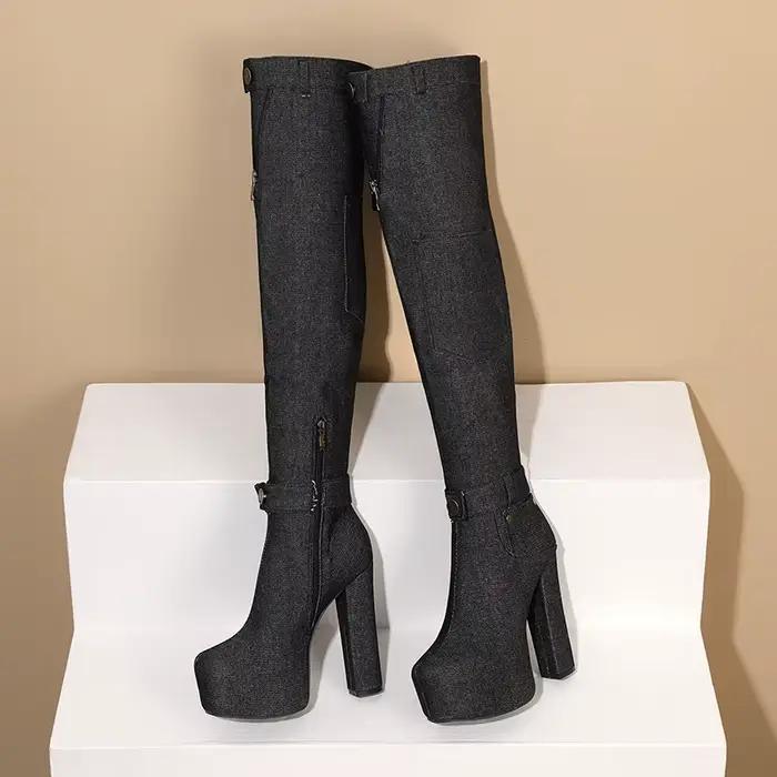 Bottes en denim à plateforme ultra-haute, mini sacs, talons optiques, boucles de rinçage, poignets d