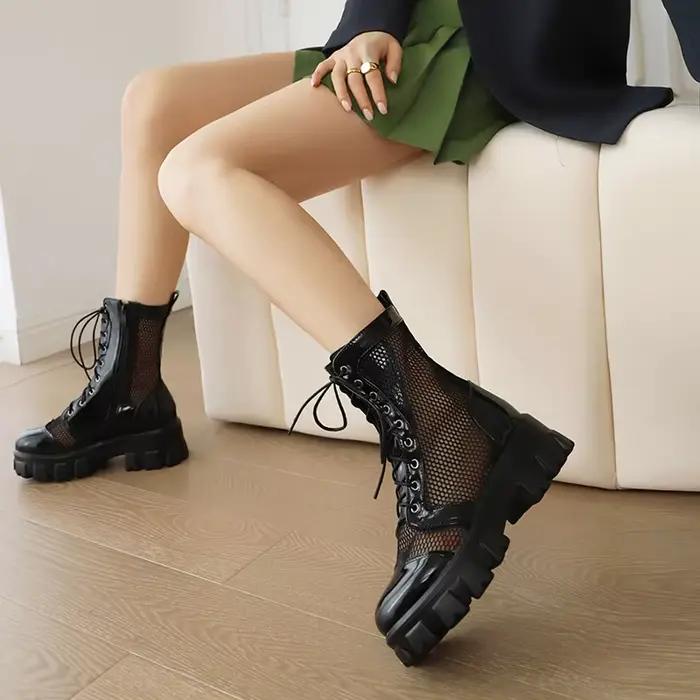 Bottes courtes respirantes à talons plats et semelle épaisse, chaussures hautes en maille avec lacet