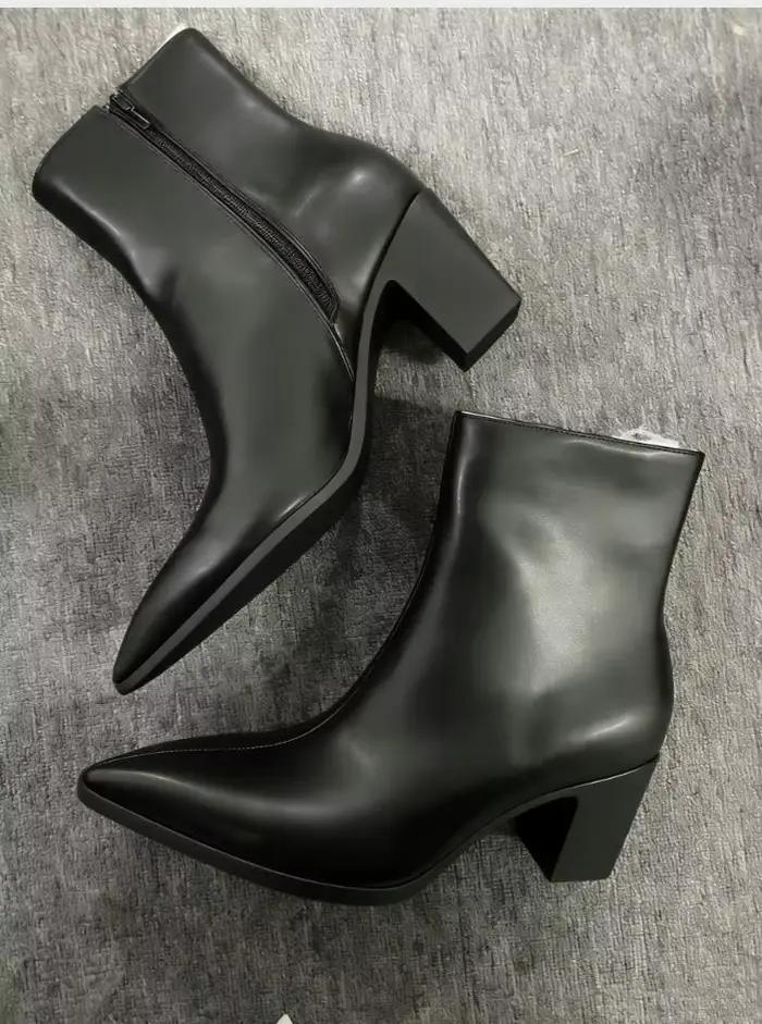 Bottes Chelsea noires à bout pointu pour hommes, en cuir véritable, avec fermeture éclair latérale, 